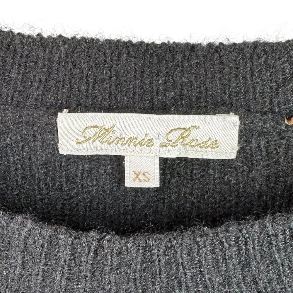 Minnie Rose Black Cashmere Cropped Rib Knit Sweater Epaulet Shoulder XS
